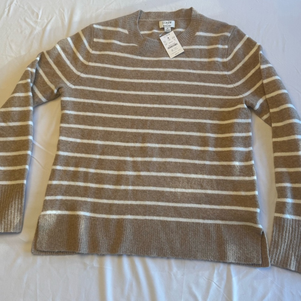 NWT J.Crew Women’s Extra Soft Tan & White Nautical Striped Wool Blend Sweater S